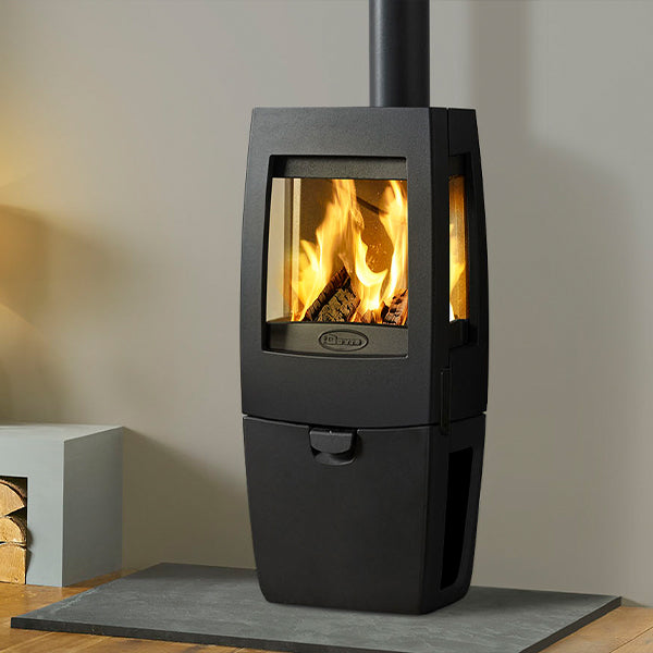 Dovre Sense 203 Wood Burning Stove Matt Black with Glass Sides and Log Box